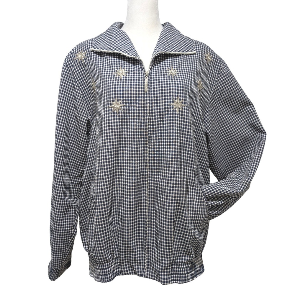 Vtg Alfred Dunner Grandmacore Blue Gingham Starburst Embroidered Zip Jacket 12 - Picture 2 of 11